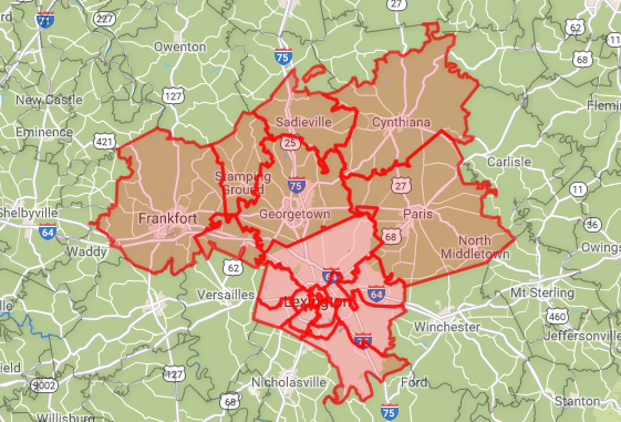 Kentucky map - Georgetown, Frankfort, Lexington, Versailles, Paris, Cynthiana, Stamping Ground